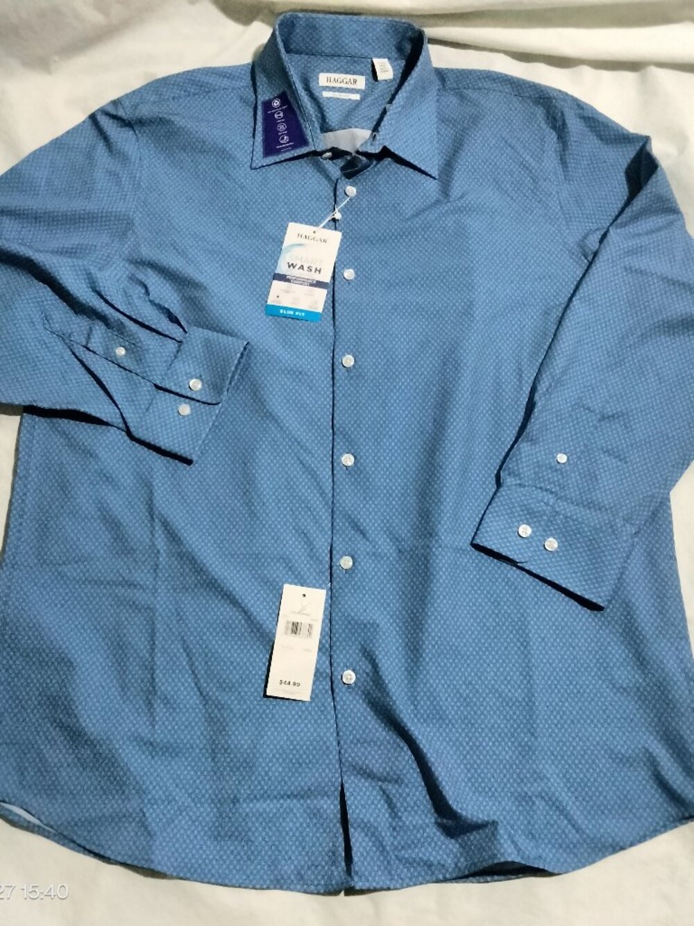 Haggar Smart Wash Slim Fit Dress Shirt 17-17.5 34/35 Blue Micro-Print NWT